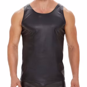 Heren glanzende tanktop imitatieleer – mouwloos shaping vest met O-hals